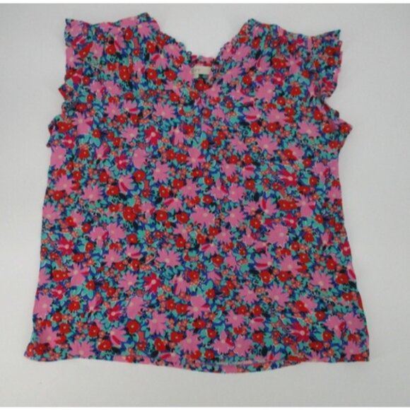 Loft Womens Top Large Daisy Ruffle Button Pink Red Blue Floral Casual Business - Picture 1 of 16